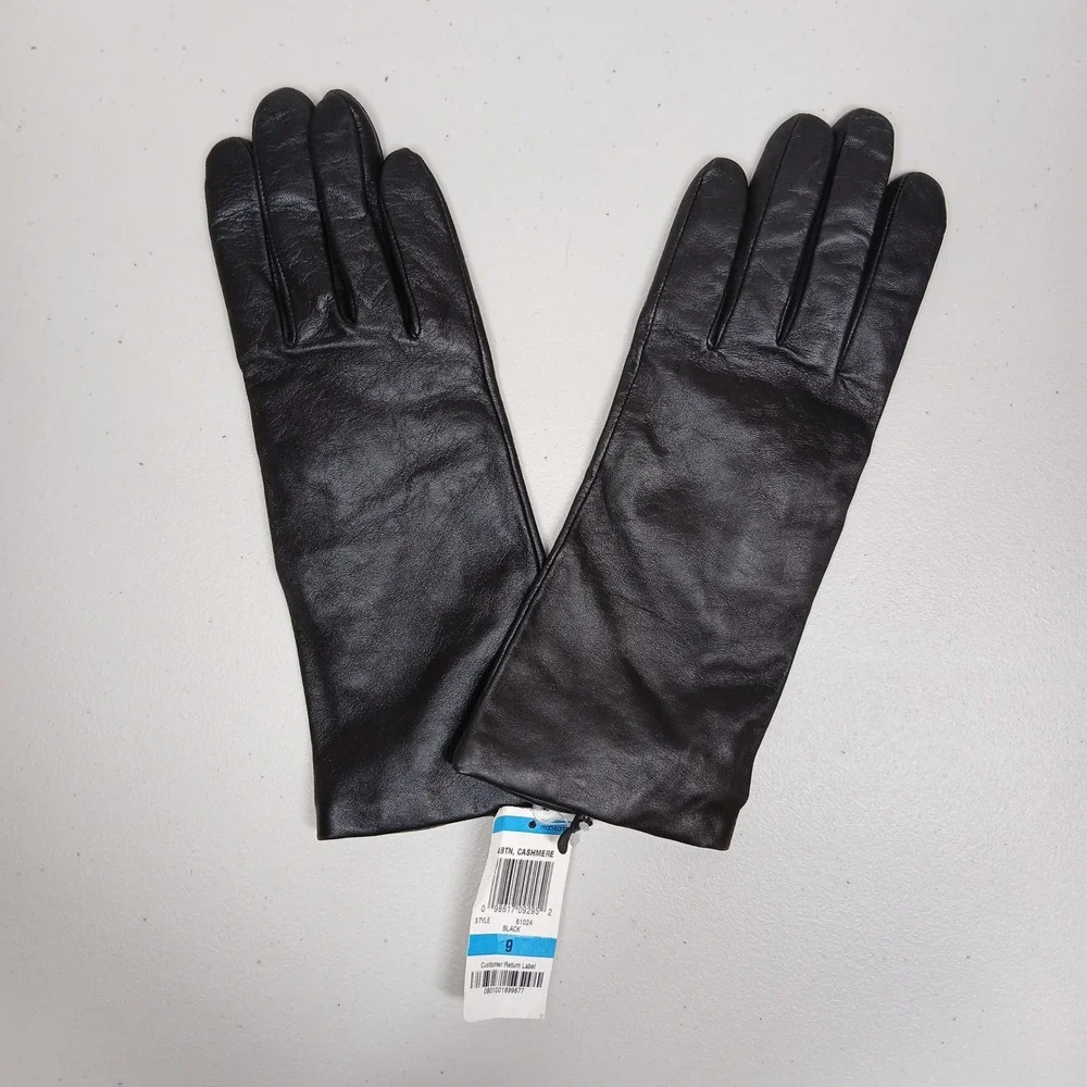 NWT Charter Club Gloves Women's 9 Black Genuine Leather Cashmere Lined